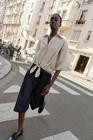 STRIPED SHIRT WITH TIE DETAIL - Ecru / Black by Zara