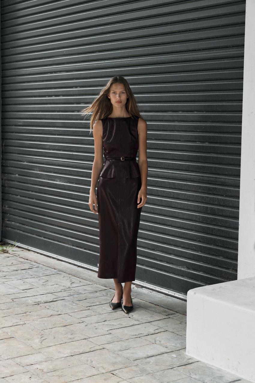 Zara - Faux Leather Belted Top - Brown - Xs - Woman Zara - Faux Leather Belted Top - Brown - Xs - Woman