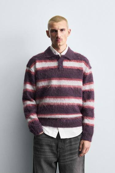 BRUSHED STRIPED KNIT POLO SHIRT - Wine by Zara