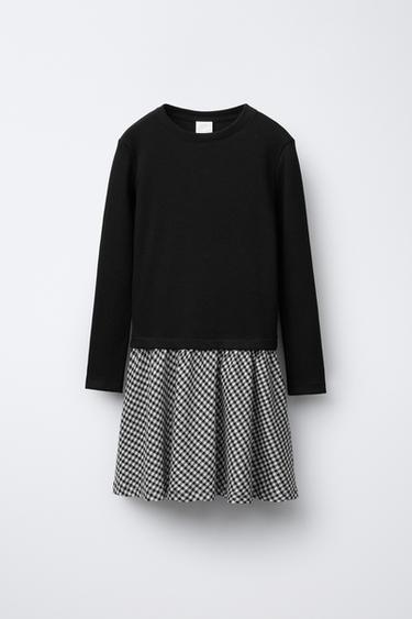 KLEID IN MATERIALKOMBINATION MIT RIPPENMUSTER UND KAROROCK - Blau von Zara