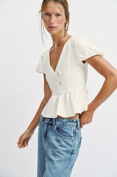 PEPLUM TOP WITH GOLD BUTTONS - Oyster-white by Zara