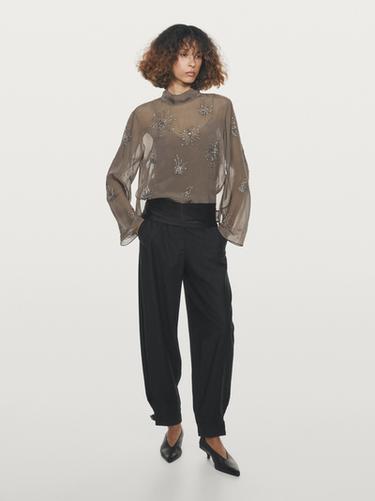 Zara Embroidered semi-sheer blouse - Mink - Image 0