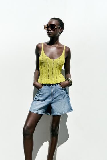 TOP EN MAILLE POINTELLE À VOLANTS - Vert de Zara - Image 1