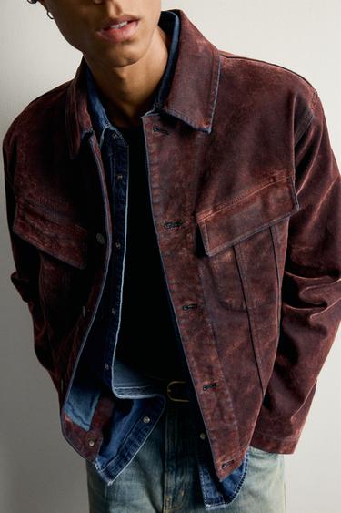 FLOCKED DENIM CROPPED JACKET — Intense red 1
