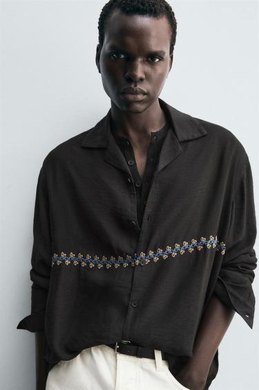 GEOMETRIC EMBROIDERY FLOWING SHIRT - Anthracite grey by Zara - Image 4