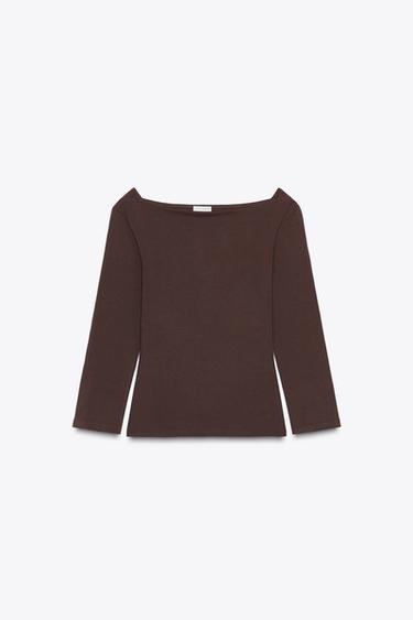 Zara BOAT NECK T-SHIRT - Chocolate