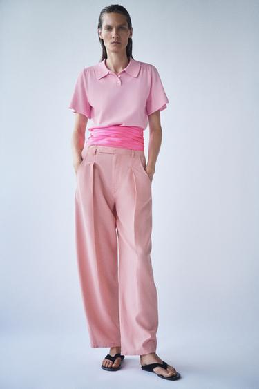Zara SHORT SLEEVE KNIT POLO - Mid-pink