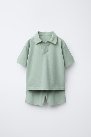 PLAIN POLO SHIRT AND JOGGING BERMUDA SHORTS SET - Green by Zara