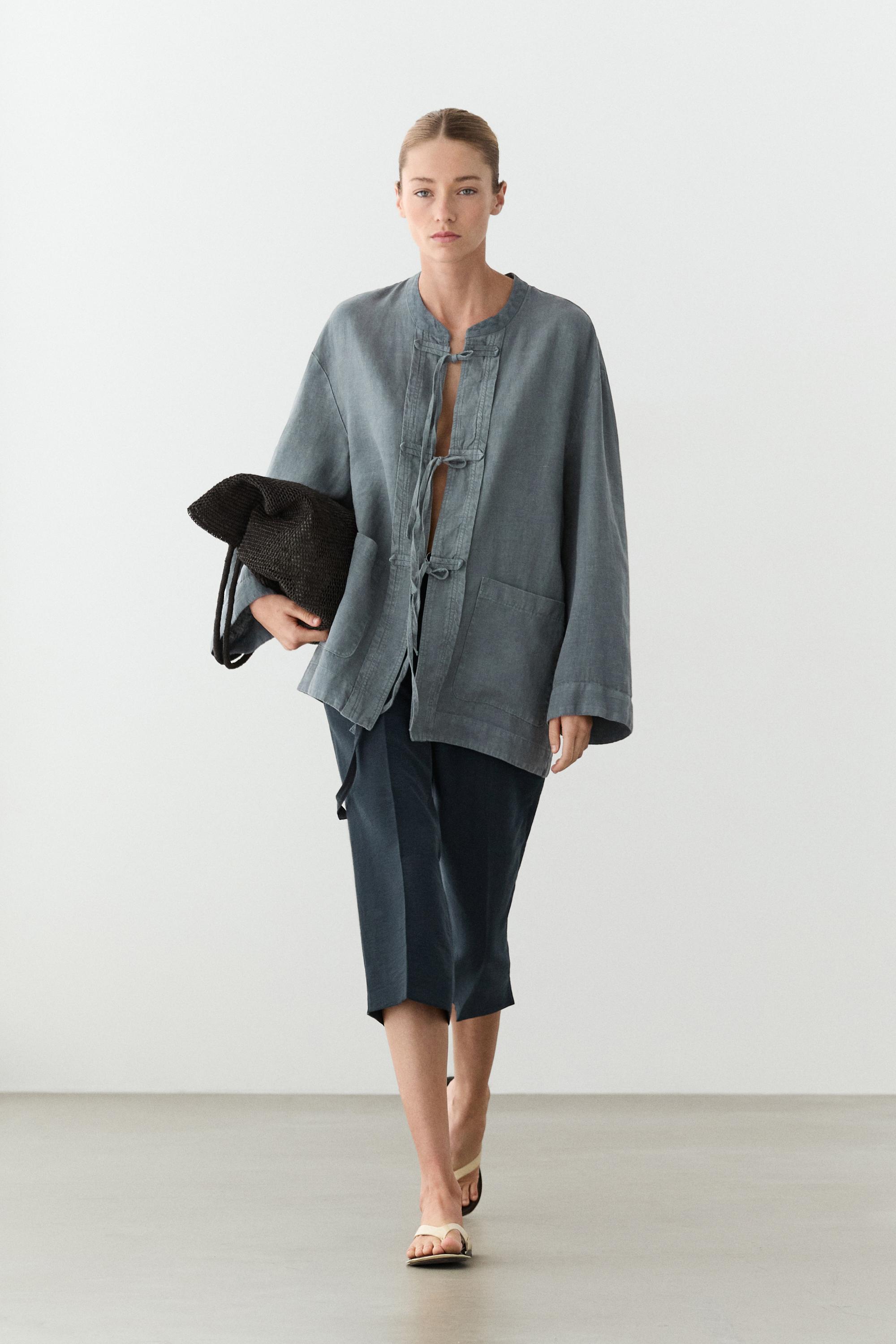 100% linen kimono with bows — Blue