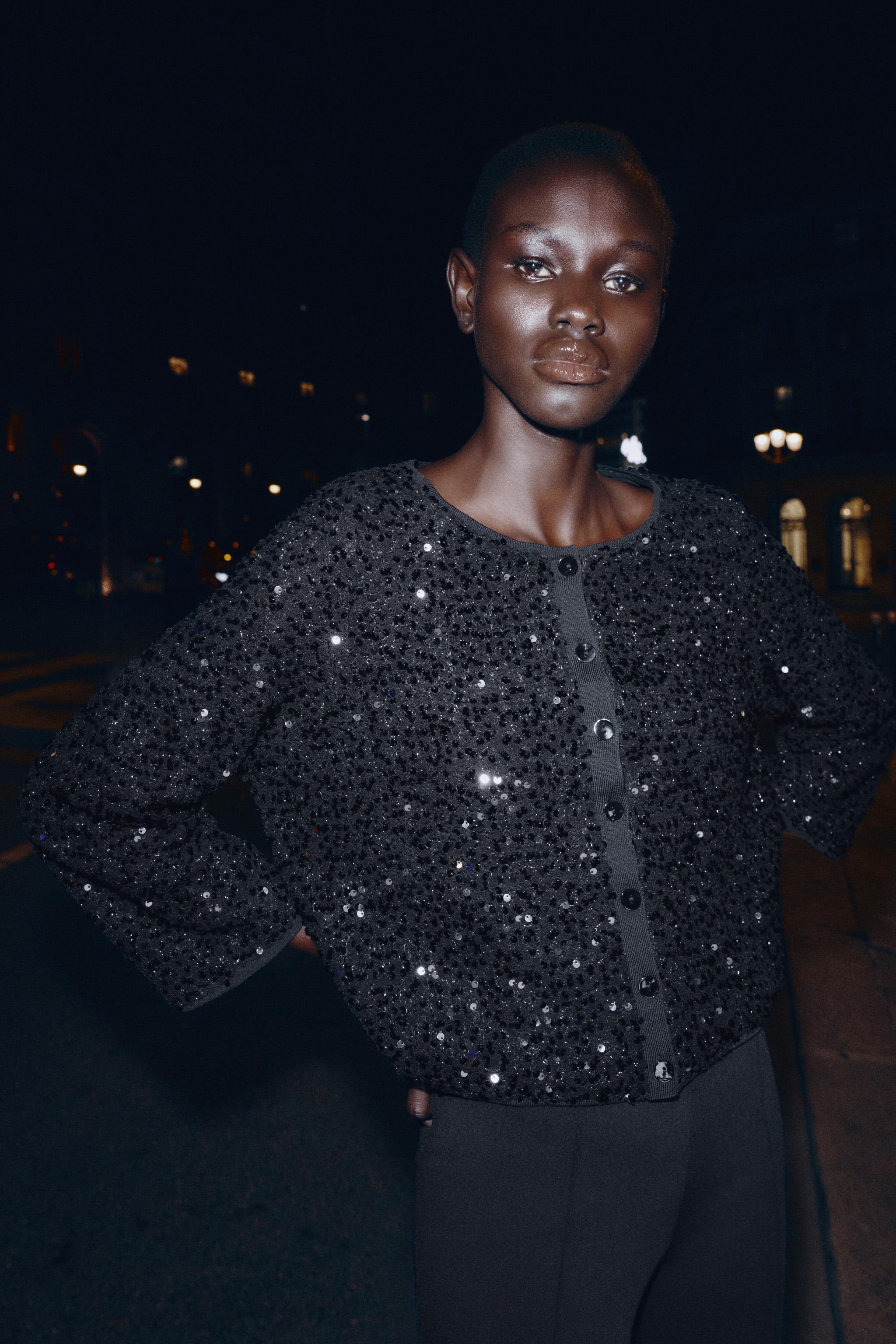 CASACO DE TRICÔ COM LANTEJOULAS - Preto | ZARA Brasil