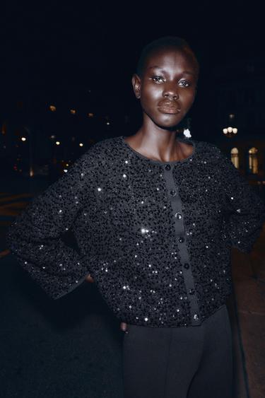 CHAQUETA PUNTO LENTEJUELAS - Negro de Zara - Imagen 0