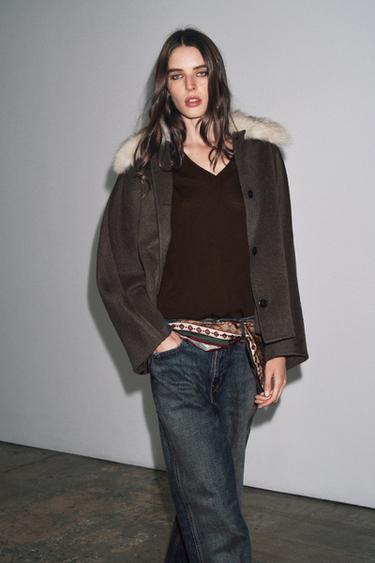 WOOL JACKET WITH FAUX FUR COLLAR ZW COLLECTION - Ecru / Beige by Zara - Image 3