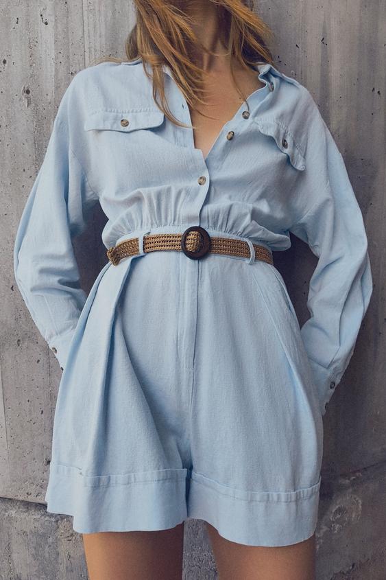 LINEN-BLEND PLAYSUIT WITH BELT - Light blue | ZARA United Kingdom