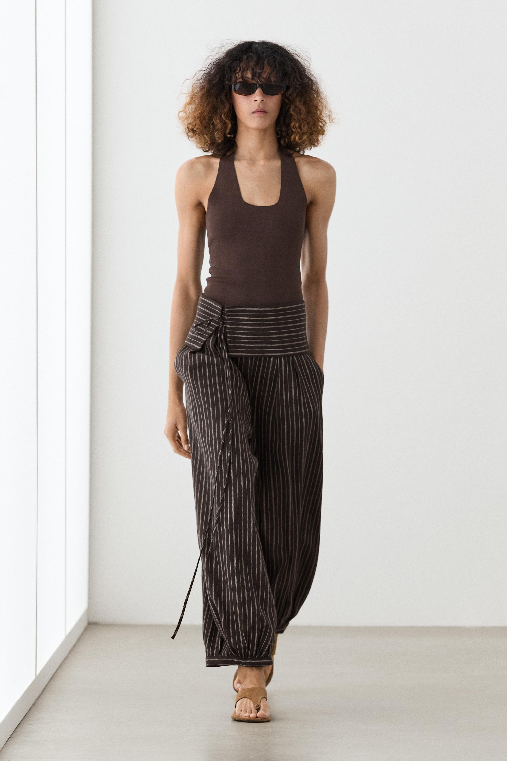 Striped sarouel trousers with cummerbund detail - Brown | ZARA