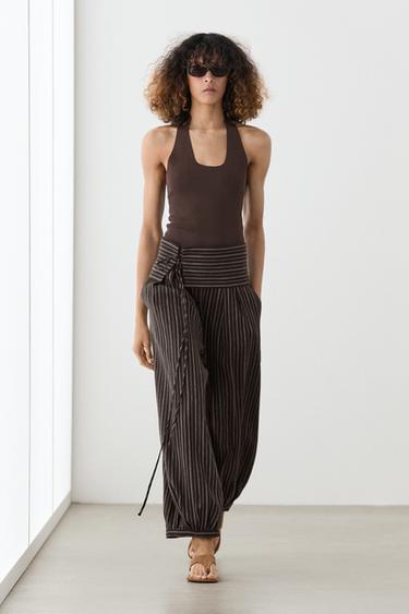 Zara Striped sarouel trousers with cummerbund detail - Brown - Image 0