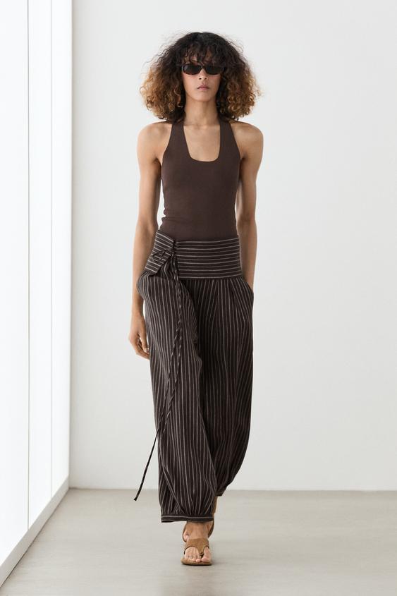 Zara Striped sarouel trousers with cummerbund detail - Brown - Image 0