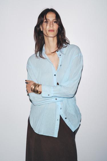 Zara ZW COLLECTION WRINKLED BUTTON SHIRT - Light blue