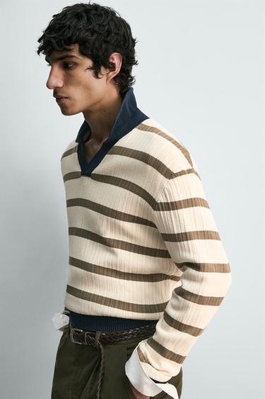 STRIPED KNIT POLO SHIRT - Ecru by Zara - Image 5