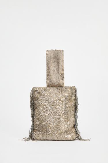 SEQUINNED FRINGED MINI BUCKET BAG - Beige by Zara
