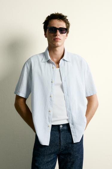 Zara COTTON LINEN BLEND REGULAR FIT SHIRT - Sky blue