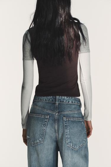 TRIPLE EFFECT LONG SLEEVE T-SHIRT - Brown by Zara - Image 3