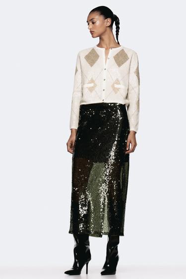 SEQUIN ARGYLE KNIT JACKET - Beige by Zara - Image 0