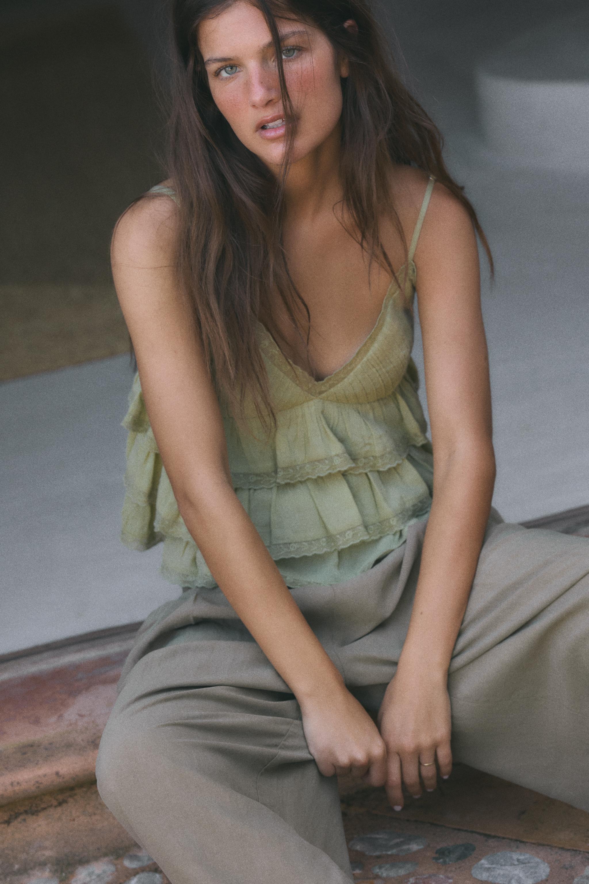 EMBROIDERED RUFFLED CHIFFON TOP