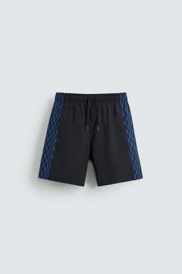 CHECKERED STRIPE LONG SWIMMING TRUNKS - Navy blue by Zara