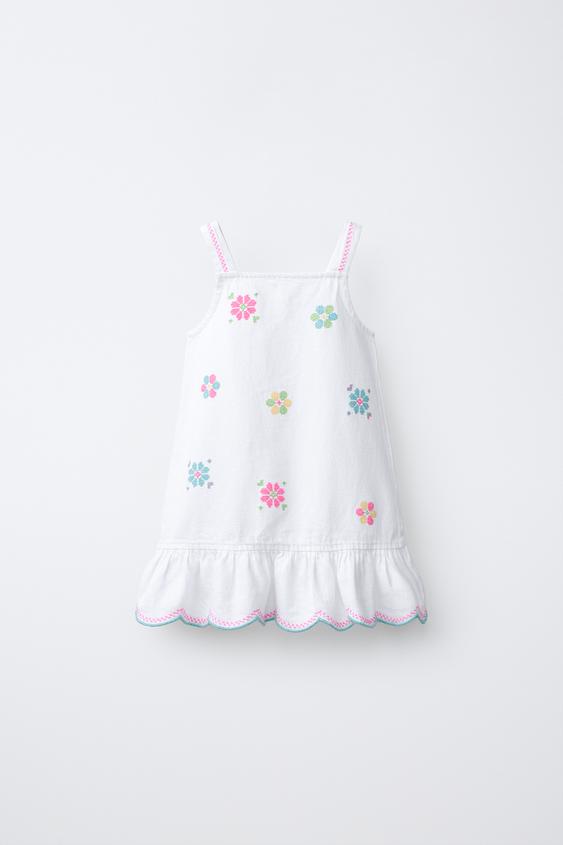 VESTIDO SARGA FLORES PUNTO DE CRUZ - Blanco de Zara - Imagen 0
