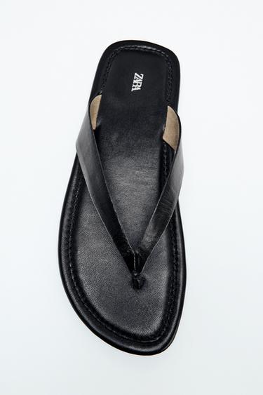 Zara FLAT LEATHER SANDALS - Black
