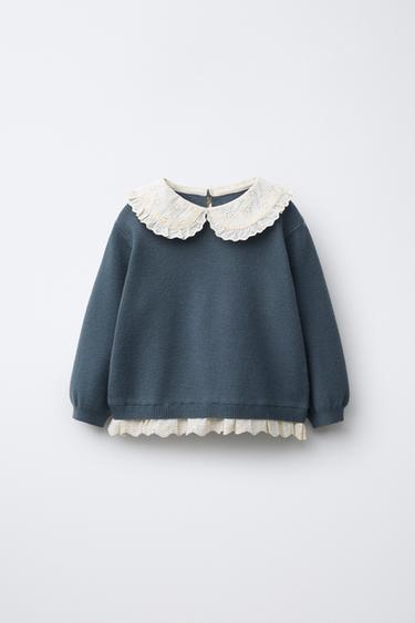 KNIT SWEATER WITH EMBROIDERED LACE - Petrol blue by Zara
