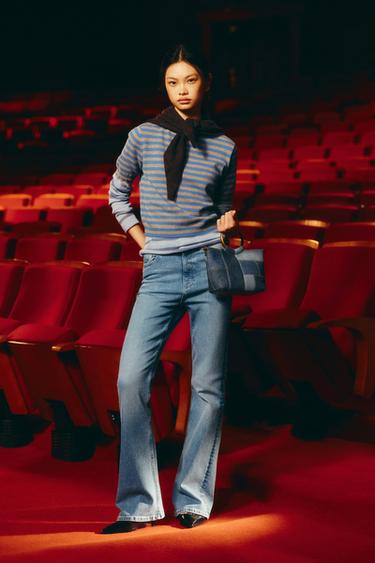 ウール100%ボーダー柄ショートスリーブセーターグレー/ブルーZaraのウール100%ボーダー柄ショートスリーブセーター - グレー/ブルー 