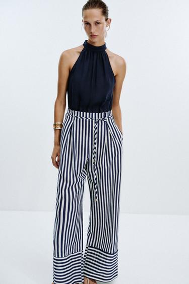 JUMPSUIT PHỐI VẢI LINEN - Xanh dương/Trắng từ Zara