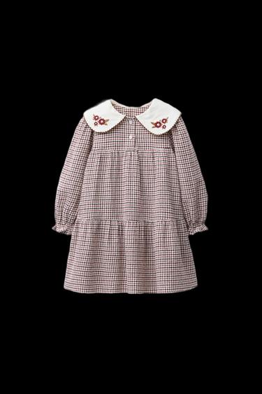 CHECK TEXTURED DRESS WITH EMBROIDERED COLLAR - Dark pink by Zara - Image 0