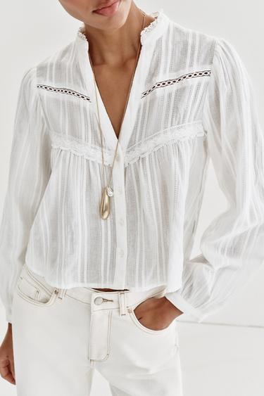 LACE-TRIMMED SHORT SHIRT - Oyster-white by Zara