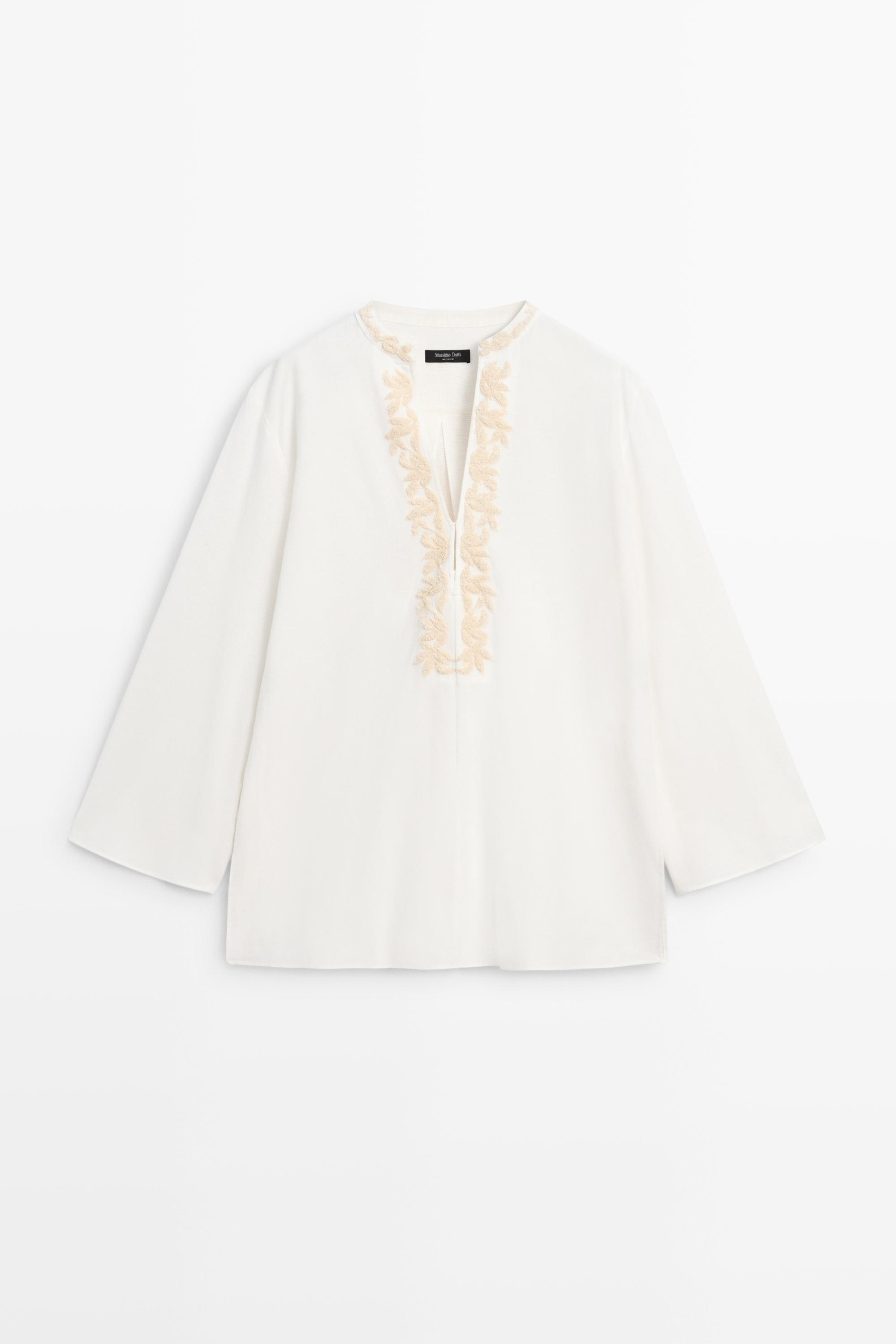 Flowing oversize blouse with stand collar and embroidery — Ecru