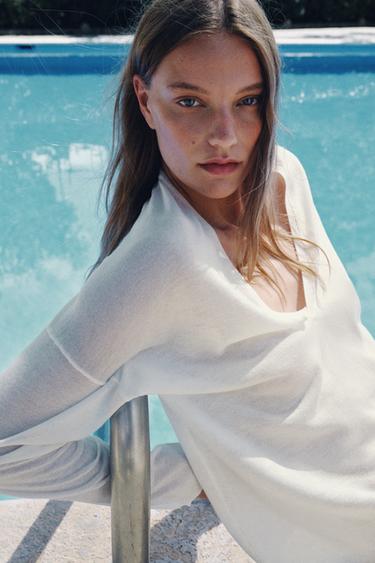 FINE KNIT V-NECK JUMPER - ecru-white by Zara