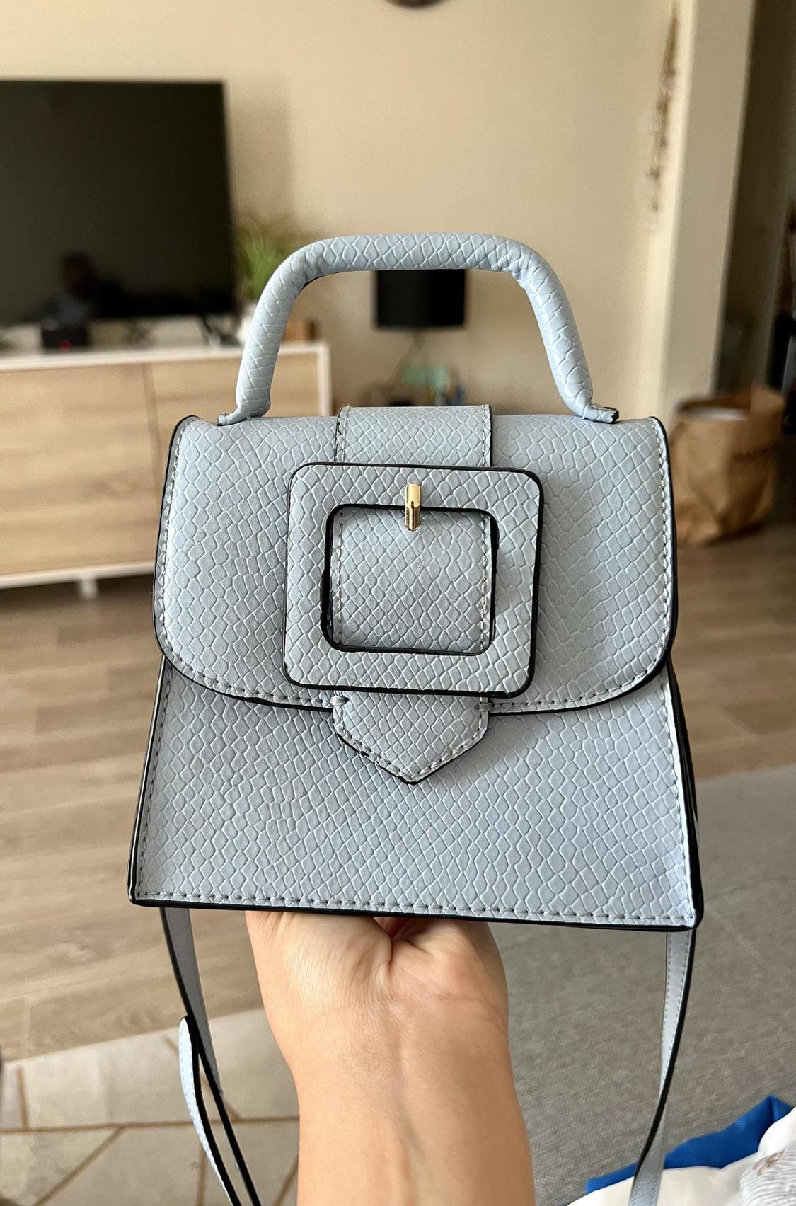 Close-up of grey handbag with scale texture and golden square buckle on the front.