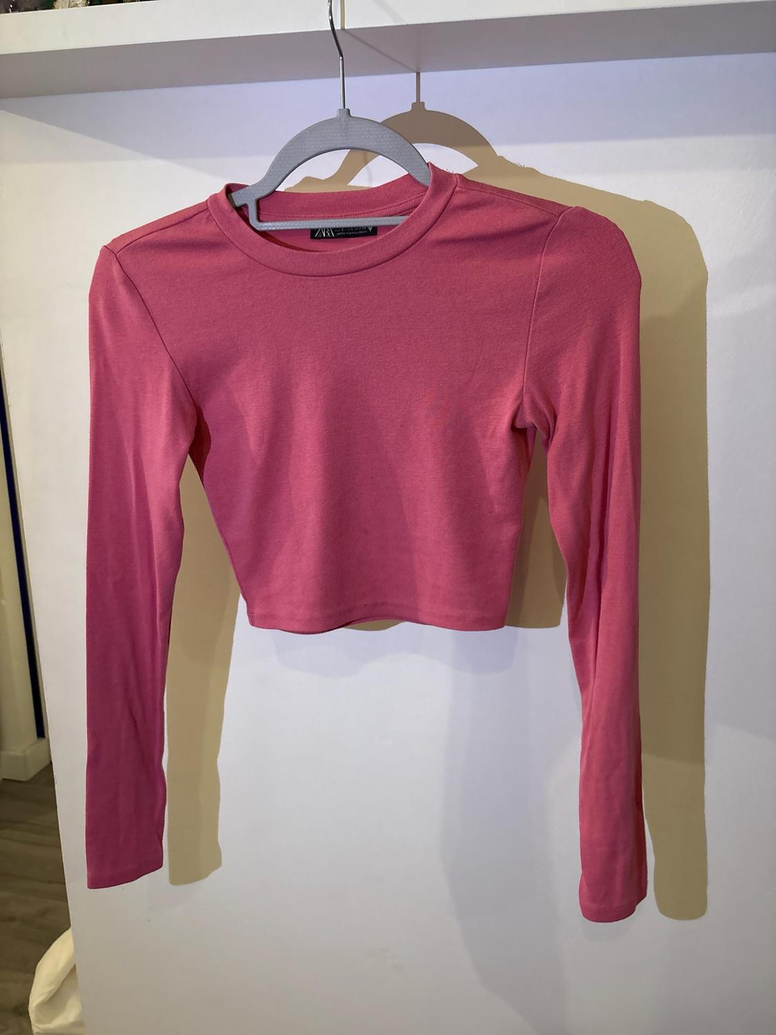 Pink long-sleeved cropped t-shirt hanging on a grey hanger against a white wall with shadows. ZARA label.