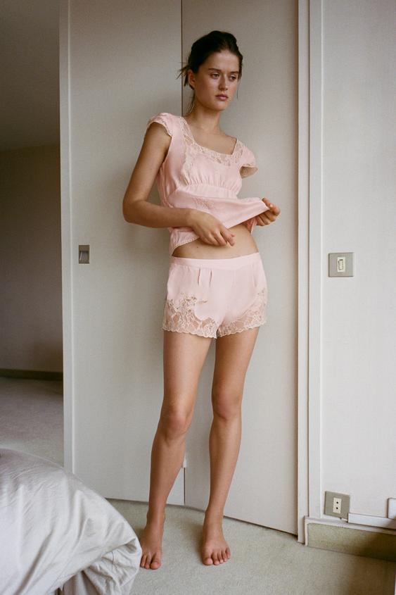EMBROIDERED LACE SATIN SHORTS from Zara - $69.90