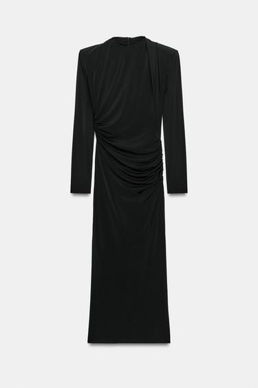 Zara SHOULDER PAD DRAPED MIDI DRESS - Black