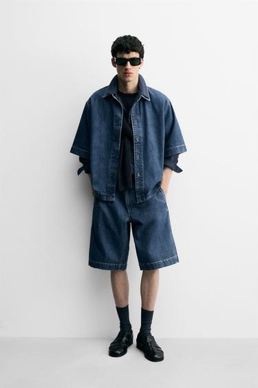 BERMUDA EN DENIM COUPE DÉCONTRACTÉE PLIS - Bleu de Zara