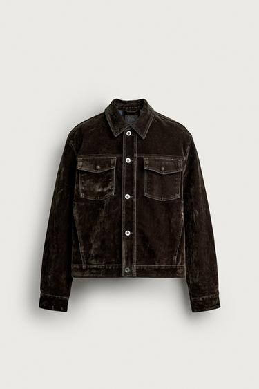 FLOCKED DENIM CROPPED FIT JACKET - Brown by Zara