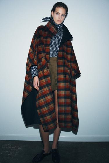 Zara PLAID WOOL CAPE ZW COLLECTION LIMITED EDITION - Bordeaux / Ecru