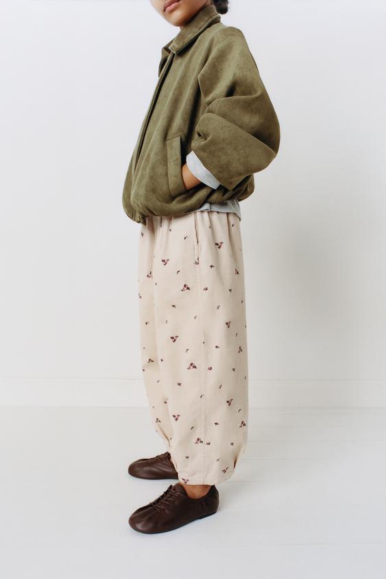 PRINTED FLORAL NEEDLECORD BALLOON TROUSERS - Ecru by Zara - Image 0