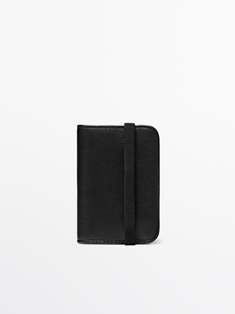 Nappa leather card holder with flap — Black