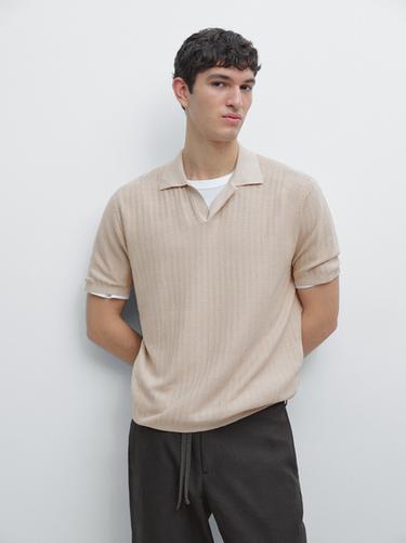 Zara Short sleeve cotton and linen blend knit polo shirt - Sand