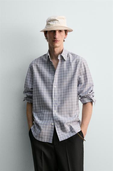 قميص RELAXED FIT بمربعات - سماوي الخاص بـ Zara