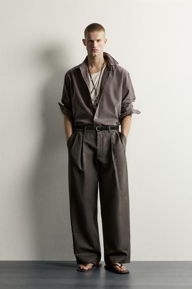 Zara COTTON-LINEN PLEATED CHINO TROUSERS - Khaki