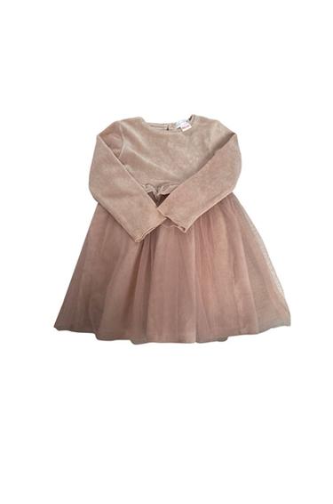 Front view of a pink dress with long sleeves and a tulle skirt.